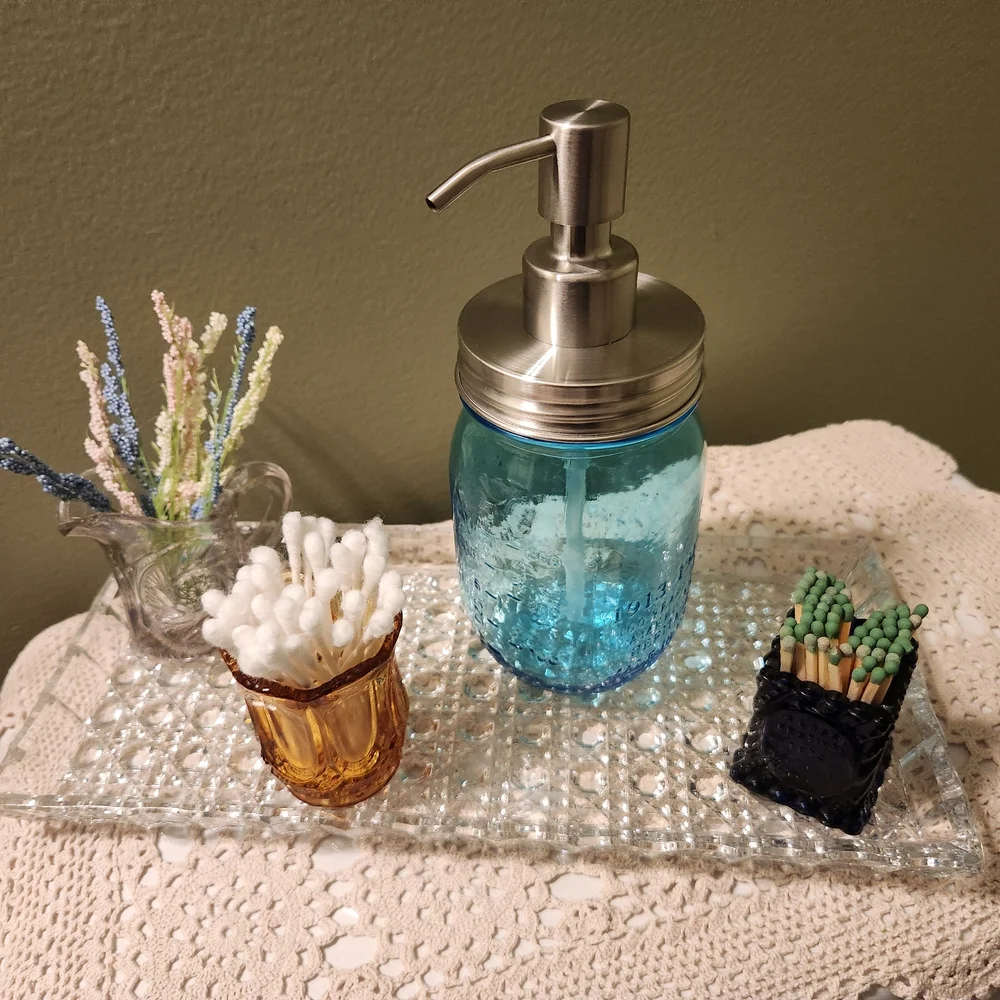 Blue Mason Jar Soap Dispenser With New Dispenser Kit And Two Labels